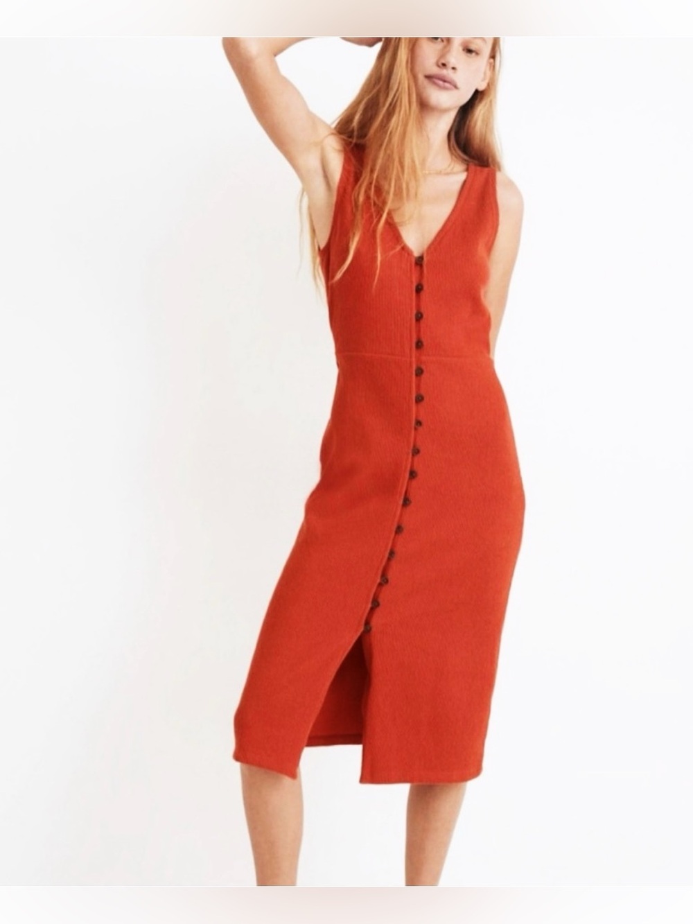 Madewell Ribbed Button Down Burnt Orange V-Neck Midi Dress